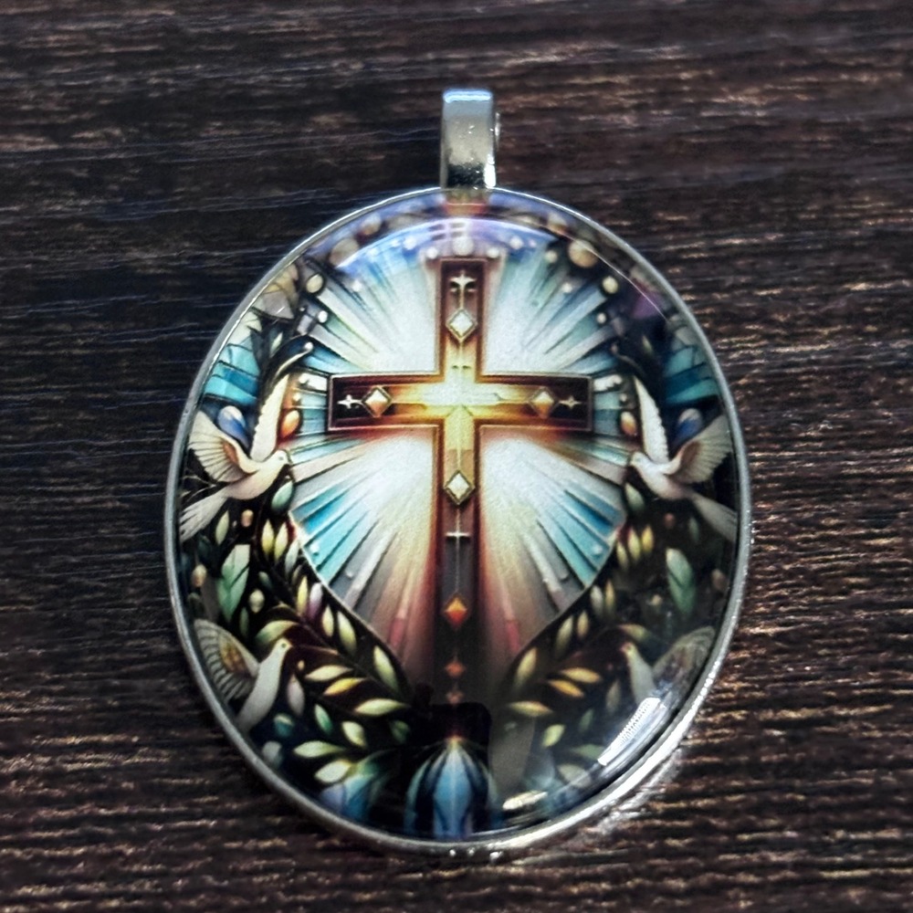 Religious Stained Glass Cross Pendant Oval Glass Cabochon Doves Silver Tone